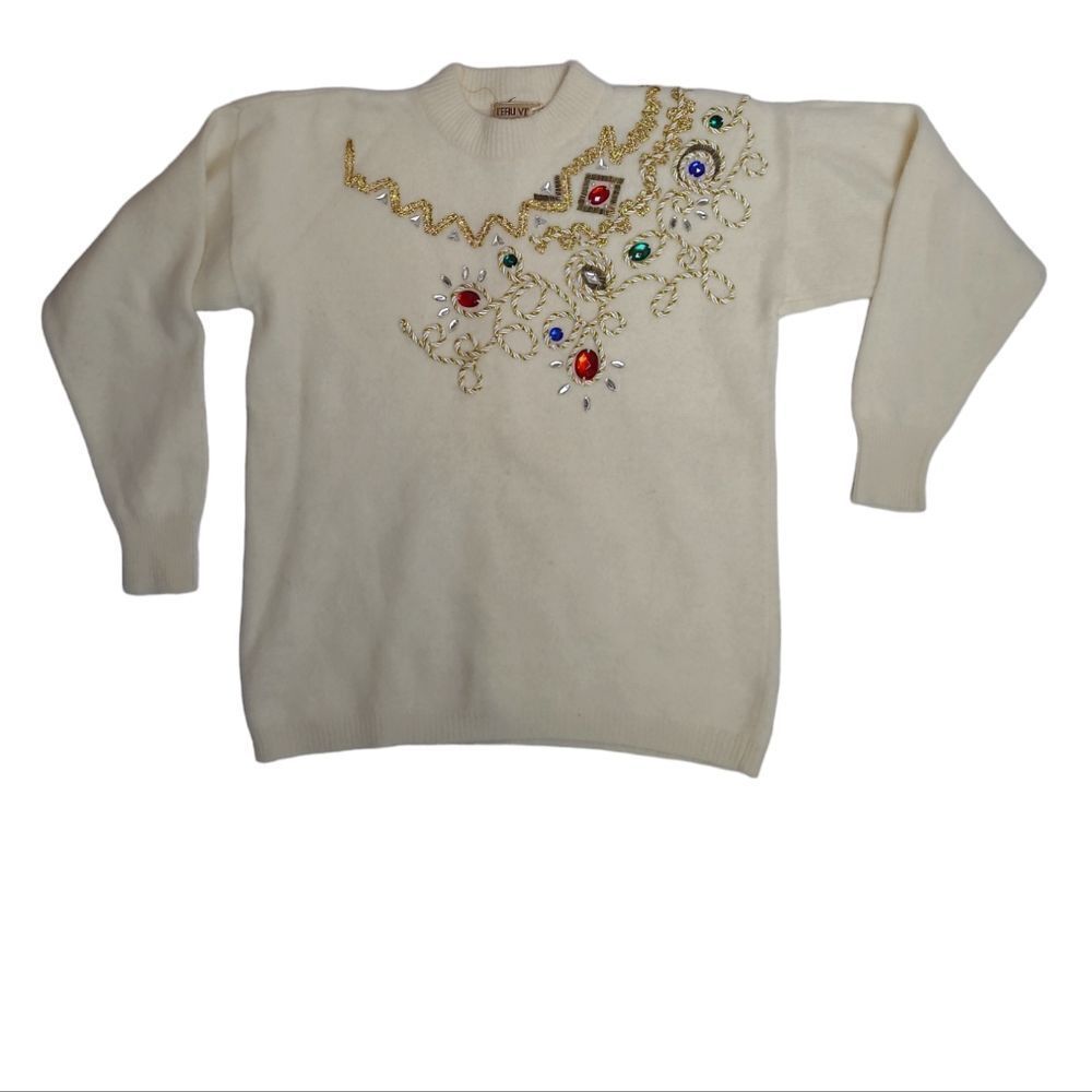 VINTAGE 80s ivory bejeweled gold rope detail angora lambswool‎ sweater M